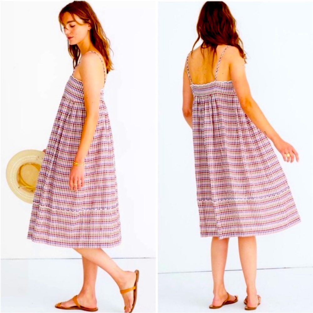 Madewell Scalloped Midi Dress in Rainbow Plaid EUC